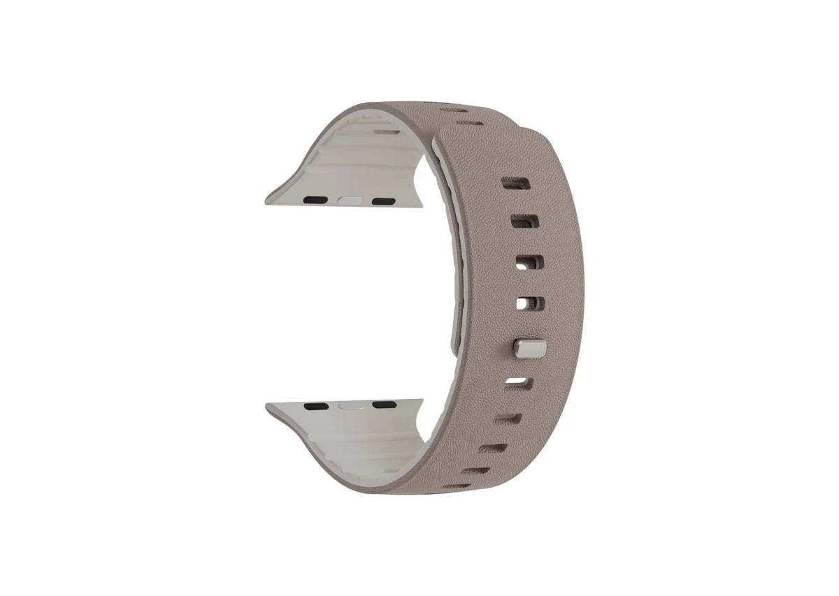 Misty Grey & Starlight magnetic Apple Watch strap showing the textured outer surface and Starlight inner lining