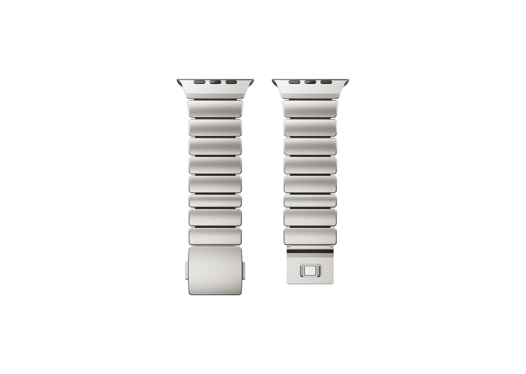 Close-up of the magnetic clasp on the Silver & Black Titanium Fusion Apple Watch Strap with brushed titanium finish and secure locking mechanism
