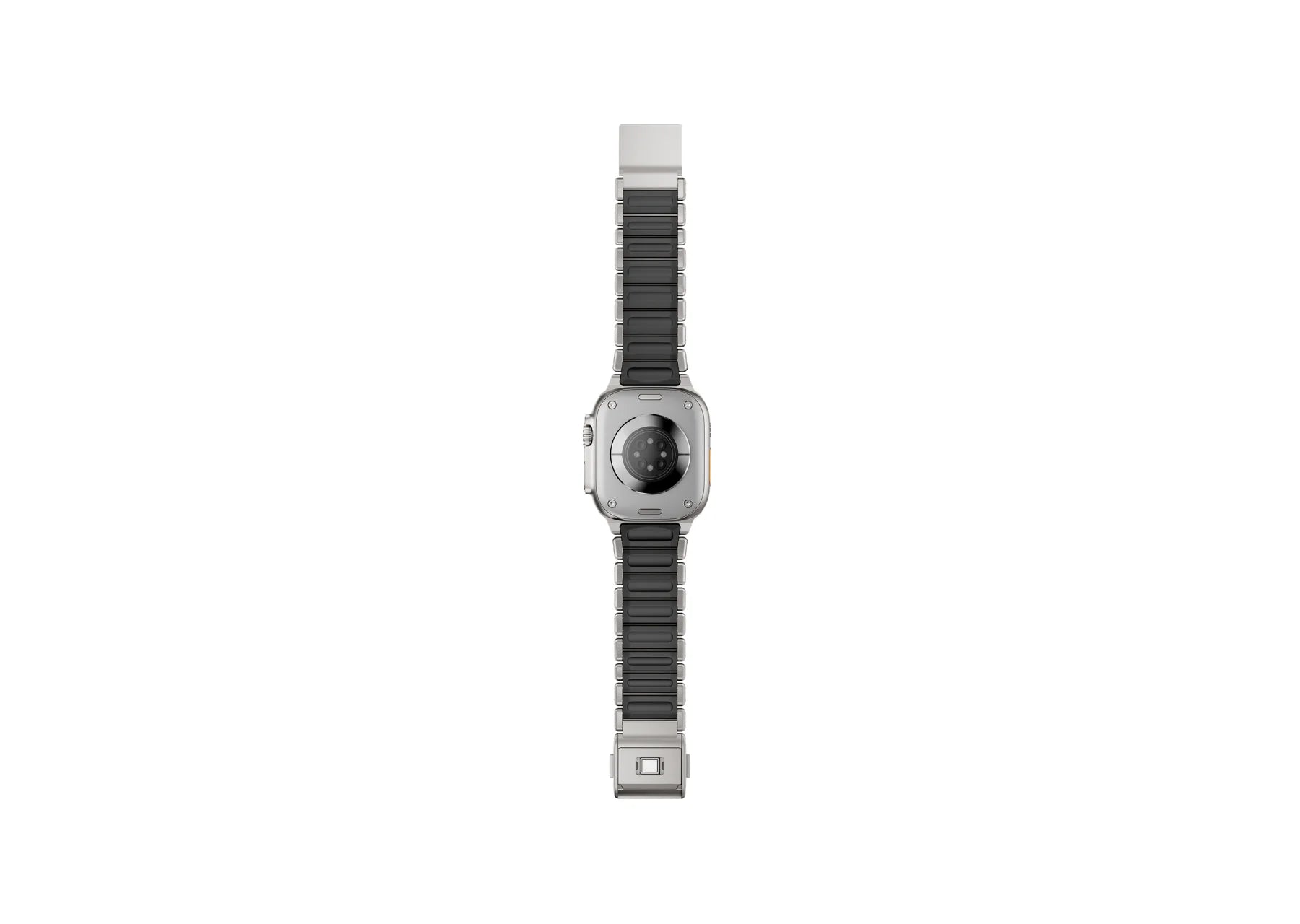 Silver & Black Titanium Fusion Apple Watch Strap open to display the powerful magnetic clasp and premium titanium construction