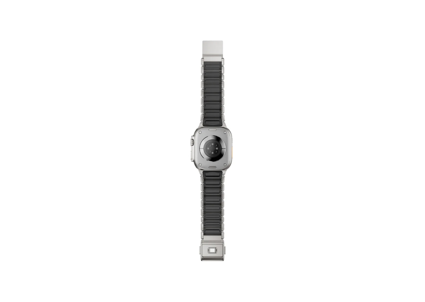Silver & Black Titanium Fusion Apple Watch Strap open to display the powerful magnetic clasp and premium titanium construction