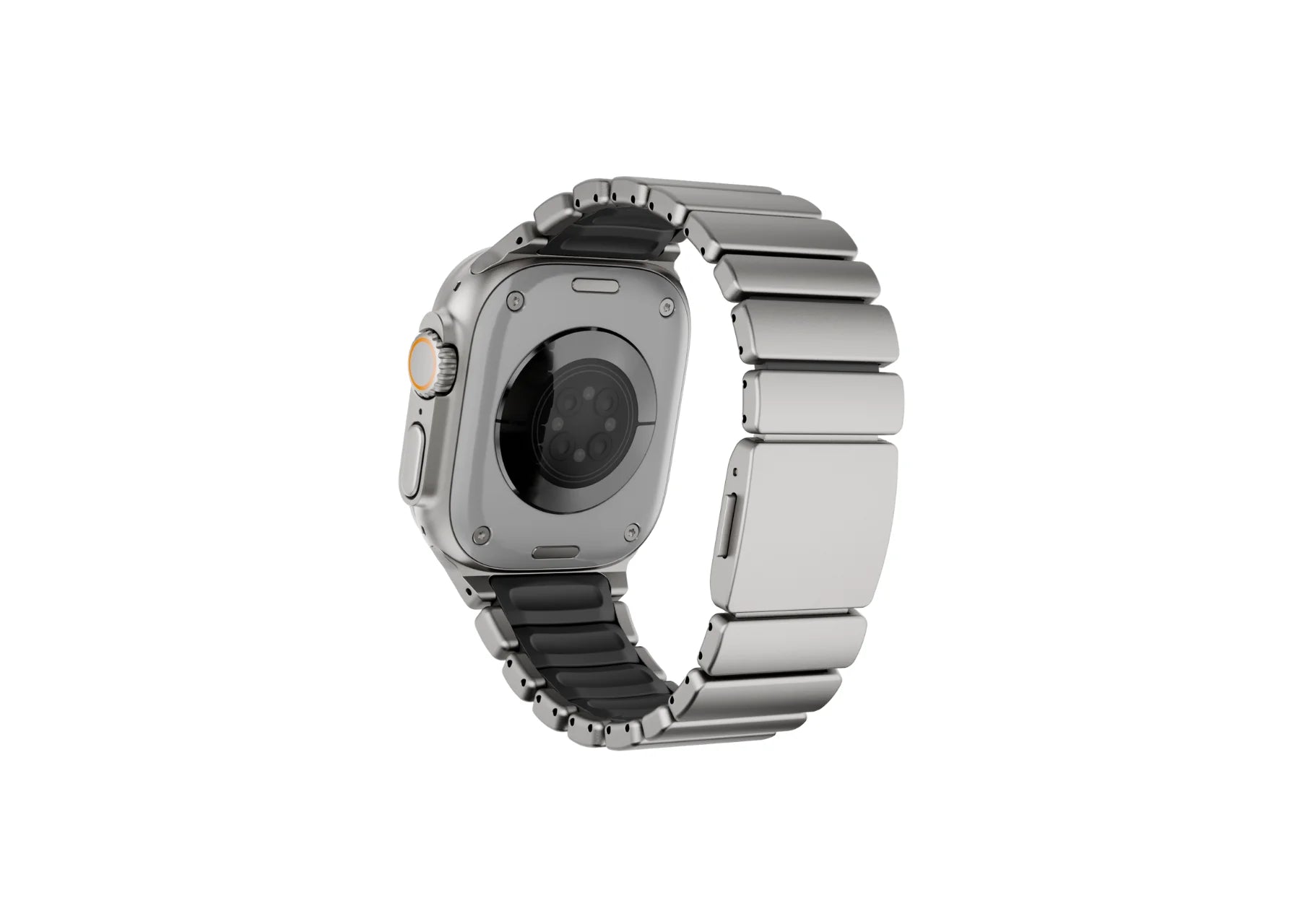 Silver & Black Titanium Fusion Apple Watch Strap installed on Apple Watch Ultra featuring premium silver titanium links, black silicone lining and secure magnetic closure