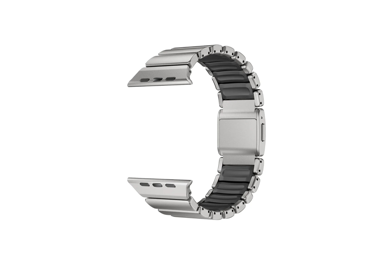 Detailed close-up of the magnetic locking system on the Silver & Black Titanium Fusion Apple Watch Strap with precision titanium hardware