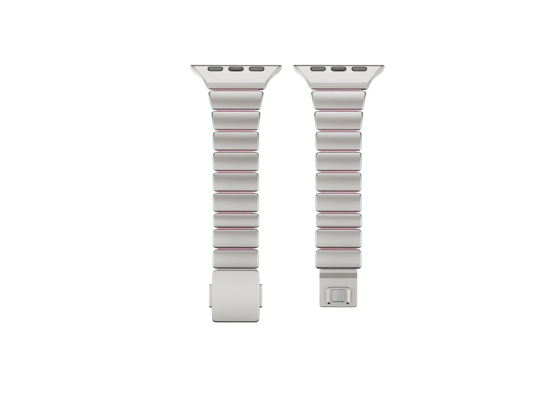 Interior view of the silver stainless steel Apple Watch strap showing soft pink silicone lining for enhanced comfort, sweat resistance and all-day wear with Apple Watch Ultra 3, Series 11, Series 10 and Apple Watch SE.