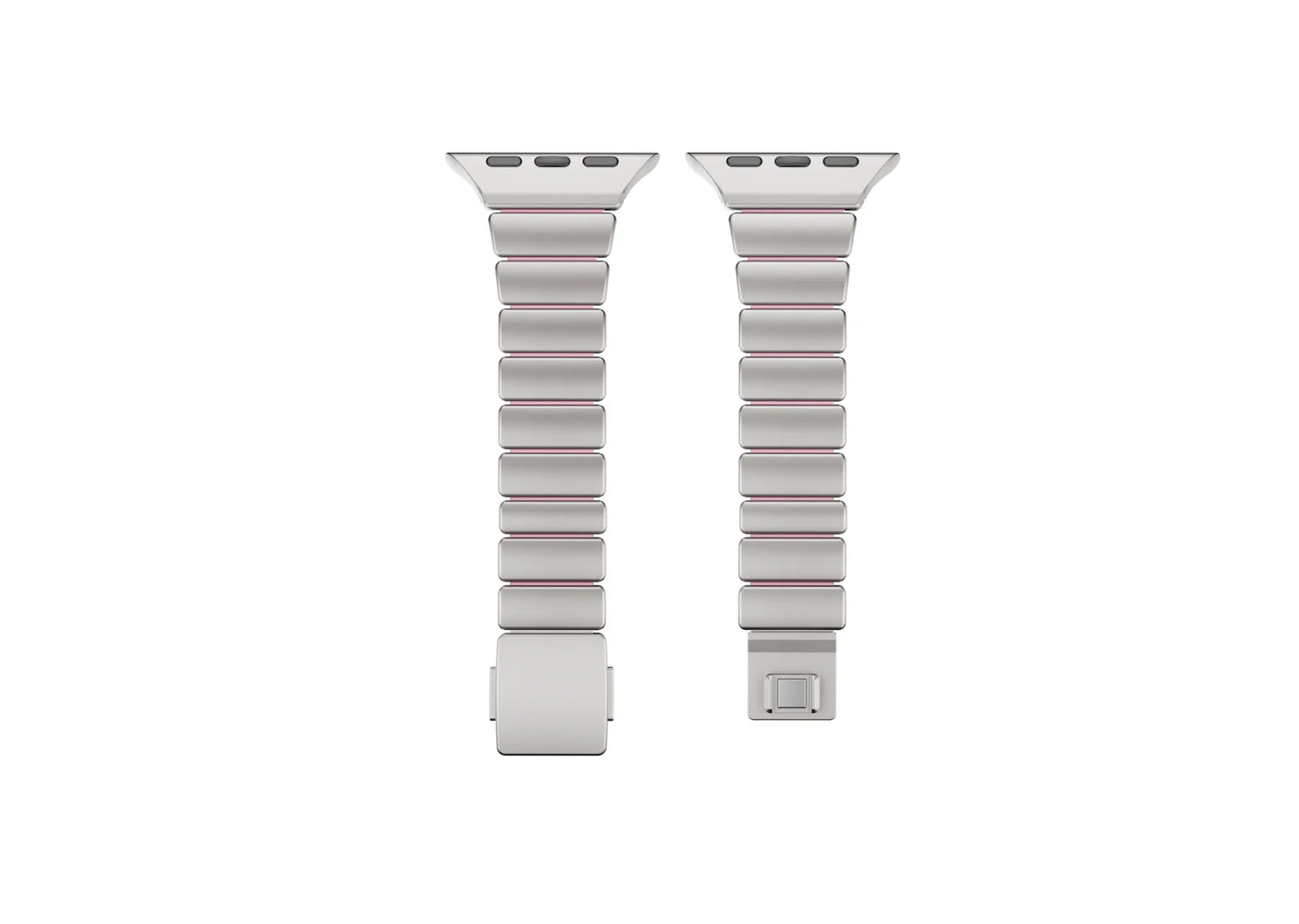 Interior view of the silver stainless steel Apple Watch strap showing soft pink silicone lining for enhanced comfort, sweat resistance and all-day wear with Apple Watch Ultra 3, Series 11, Series 10 and Apple Watch SE.