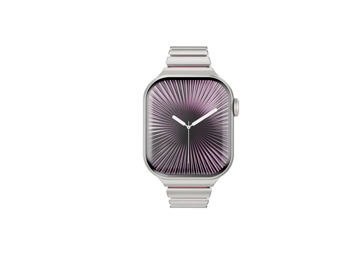 Perspective view of the silver Fusion Apple Watch strap with pink silicone comfort lining and butterfly clasp shown open, offering a secure fit and premium finish for Apple Watch Ultra and Series 11.