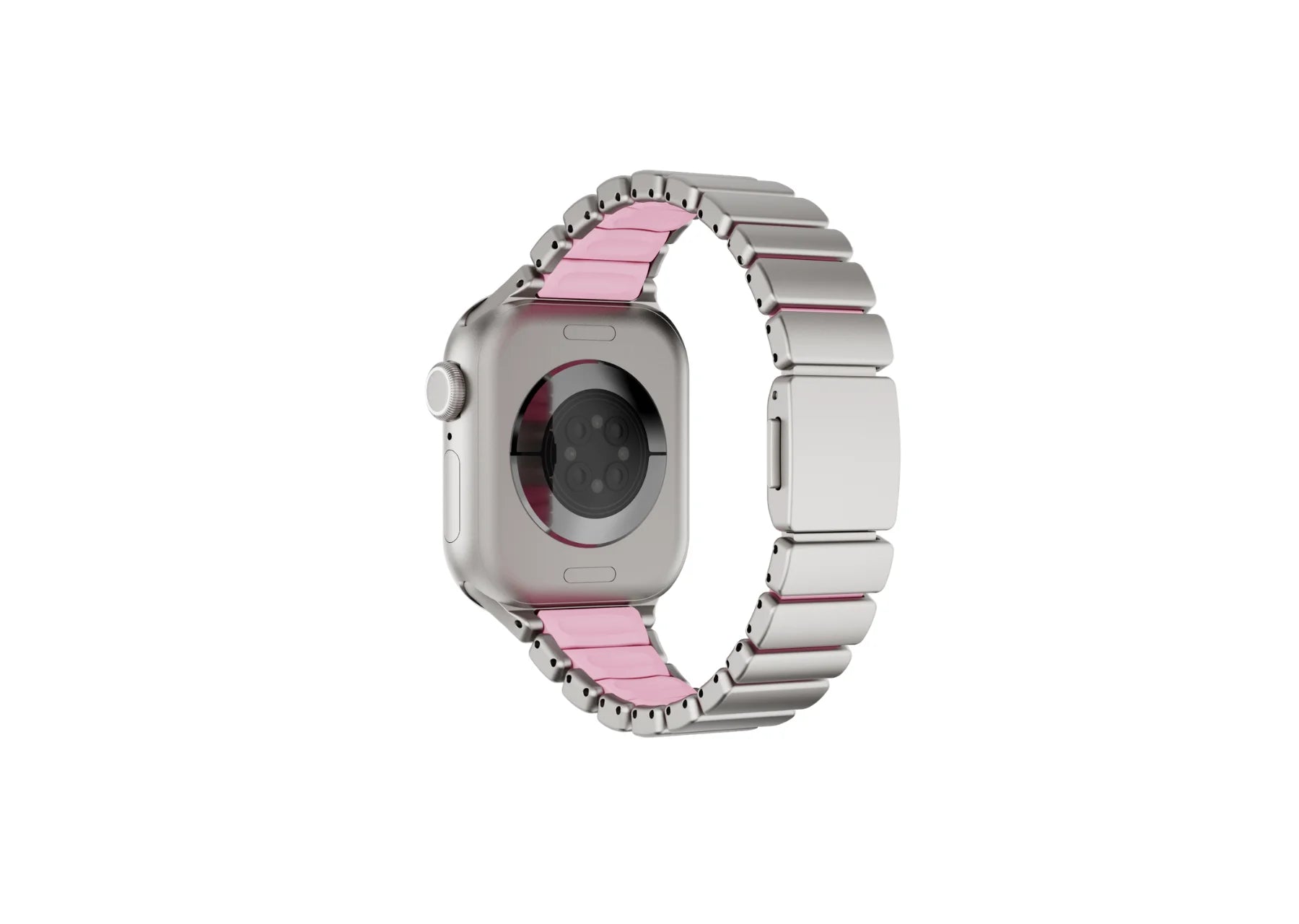 Front view of the silver and pink Fusion stainless steel Apple Watch strap featuring elegant brushed metal links and feminine styling, compatible with Apple Watch Ultra 3, Ultra 2, Series 11, Series 10 and Apple Watch SE.