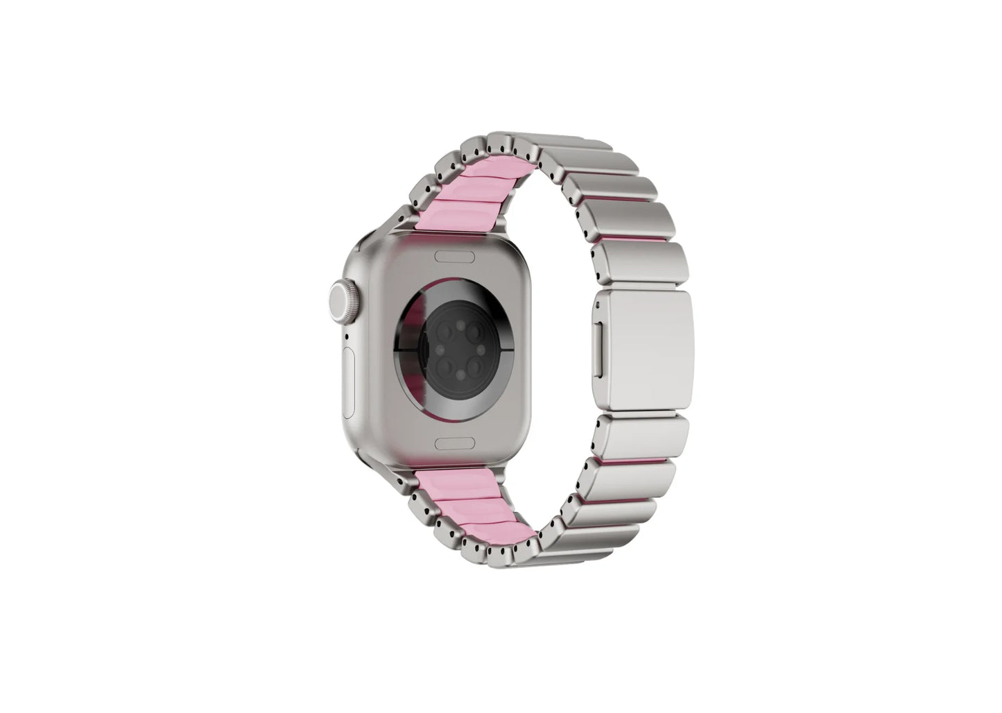 Front view of the silver and pink Fusion stainless steel Apple Watch strap featuring elegant brushed metal links and feminine styling, compatible with Apple Watch Ultra 3, Ultra 2, Series 11, Series 10 and Apple Watch SE.