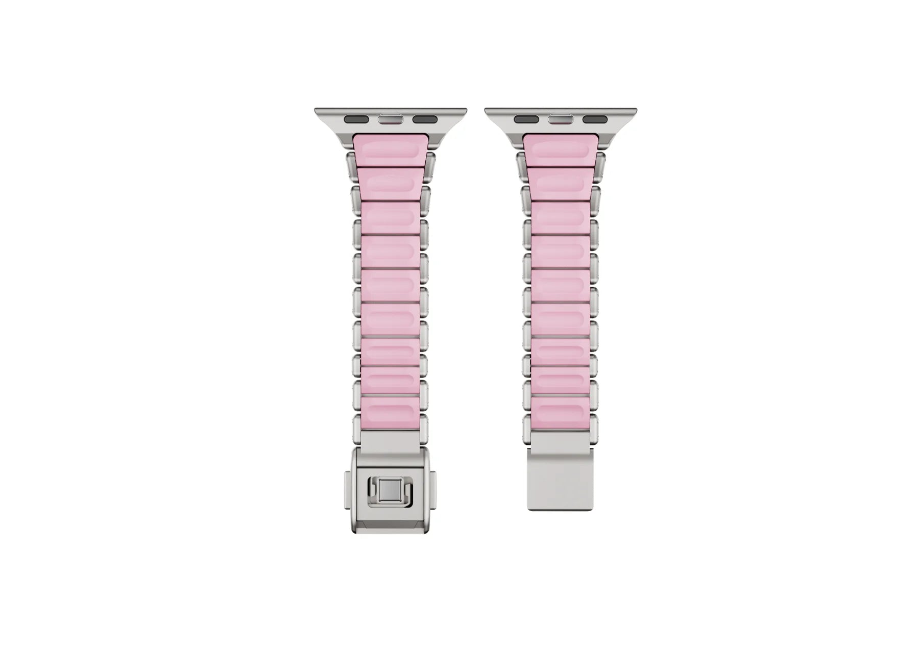 Detailed close-up of the butterfly clasp on the silver and pink Apple Watch strap showcasing premium stainless steel craftsmanship, precision engineering and secure locking mechanism.