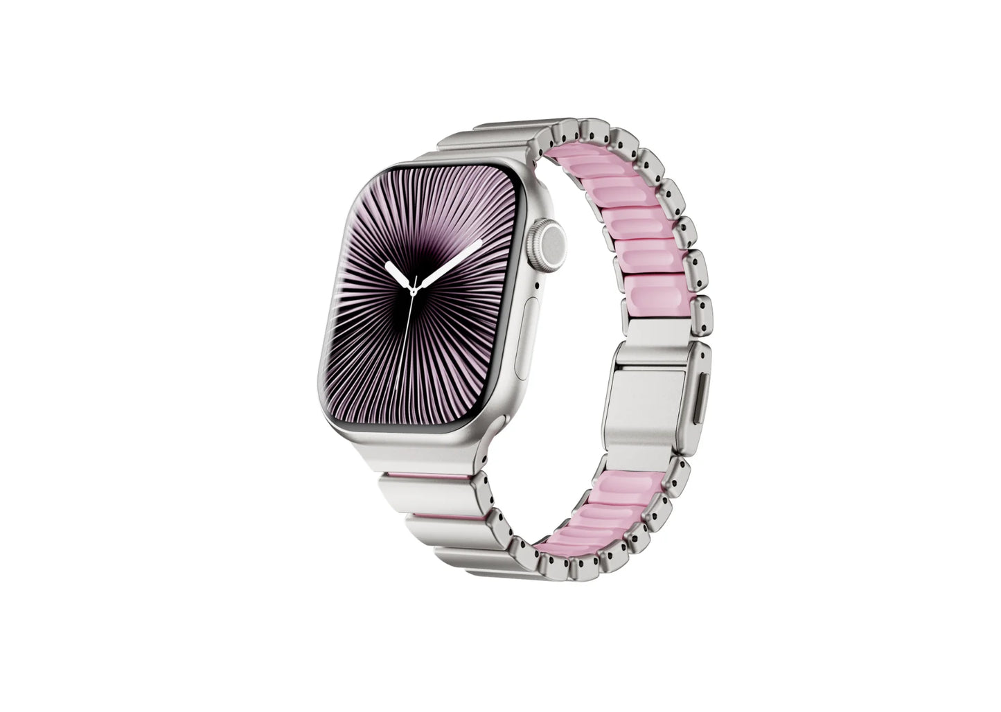 Rear view of the silver Fusion stainless steel Apple Watch strap showing premium butterfly clasp, brushed stainless steel links and soft pink silicone comfort lining for Apple Watch Ultra 3, Series 11, Series 10 and Apple Watch SE.