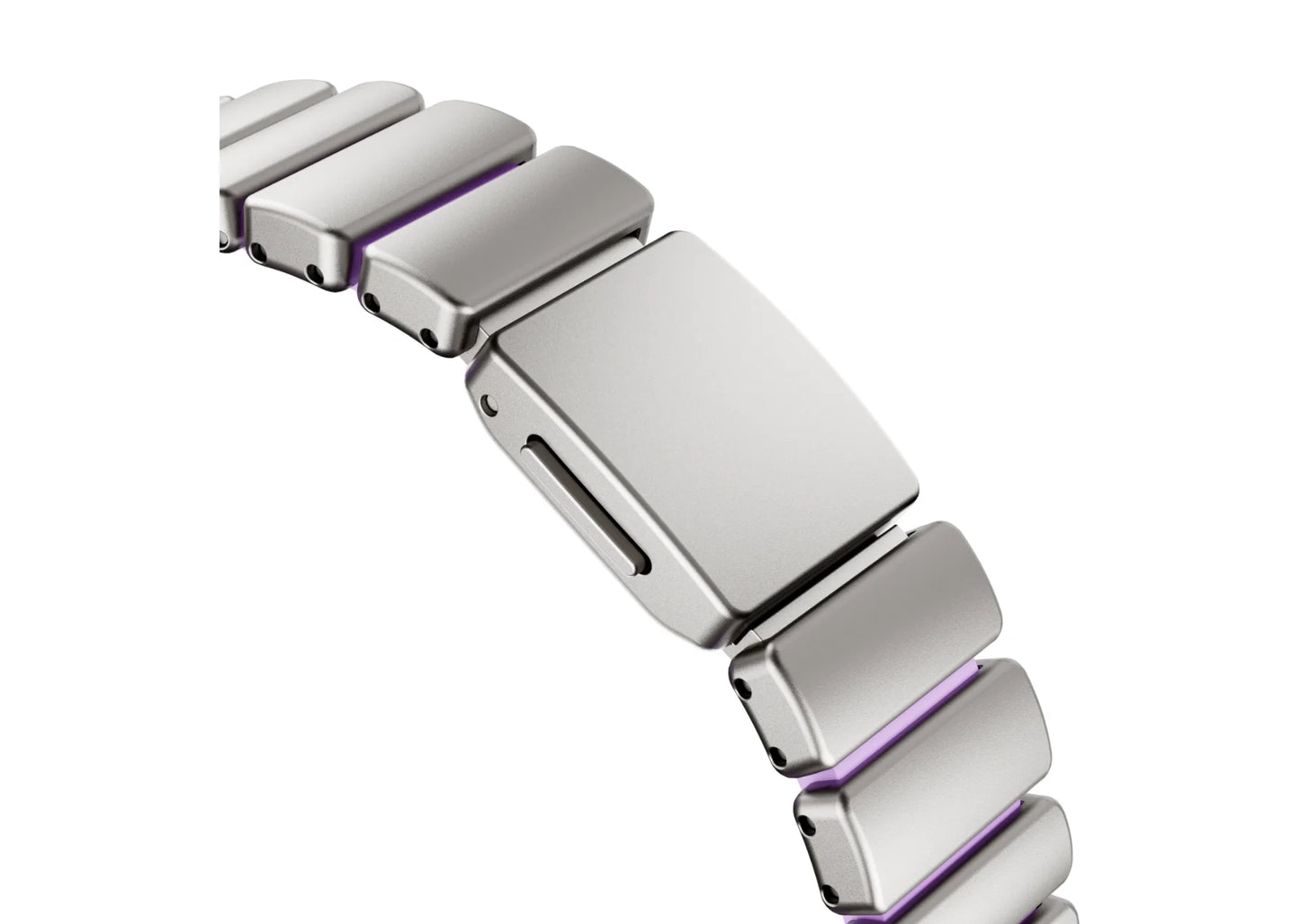 Premium silver and purple Apple Watch strap with stainless steel links, soft silicone interior and secure folding clasp for women compatible with Apple Watch Ultra 3, Ultra 2, Series 11 and Series 10.
