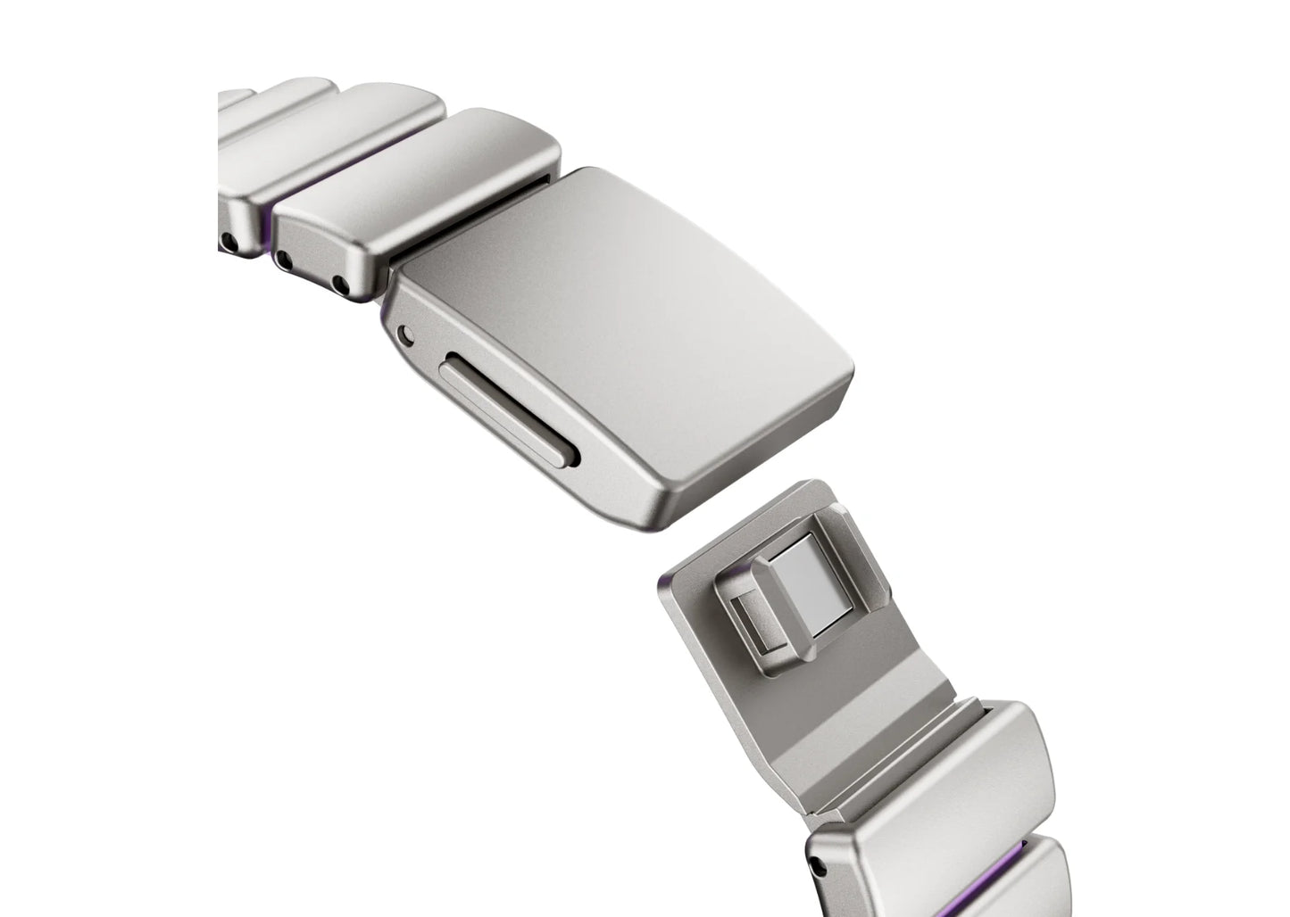 Outer view of luxury silver stainless steel Apple Watch strap with elegant purple accents featuring polished stainless steel links for women compatible with Apple Watch Ultra and Series models.