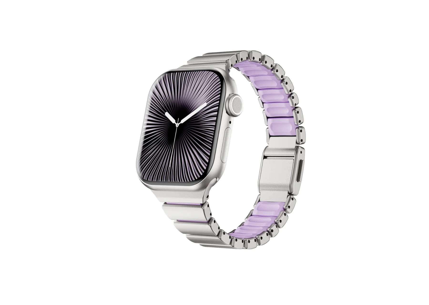 Silver and Purple stainless steel Apple Watch strap for women featuring premium stainless steel outer links, soft silicone inner lining and secure clasp, compatible with Apple Watch Ultra 3, Ultra 2, Series 11, Series 10 and SE.