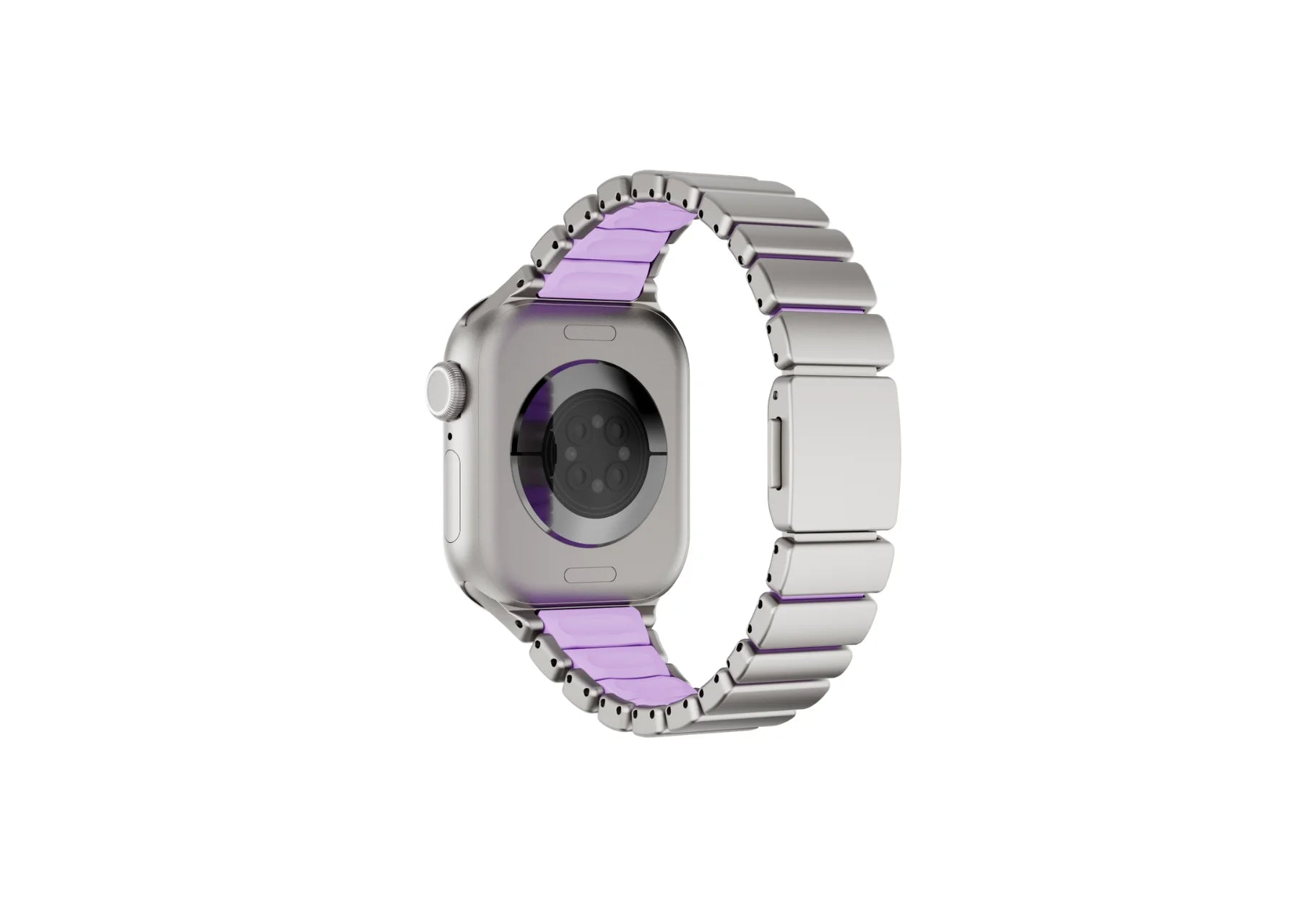 Luxury silver and purple Apple Watch band with stainless steel links, silicone comfort lining and folding clasp shown open, designed for women and compatible with Apple Watch Ultra and Series 11.