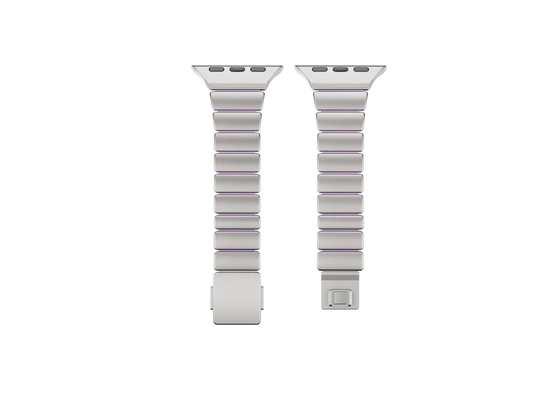 Luxury silver and purple stainless steel Apple Watch strap for women featuring premium metal links, soft silicone comfort lining and elegant modern design compatible with Apple Watch Ultra 3, Ultra 2, Series 11, Series 10 and Apple Watch SE.