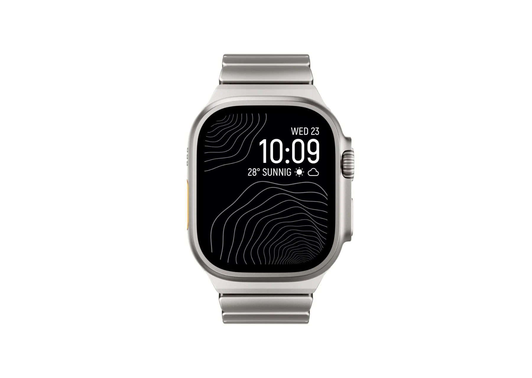 Front display view of the Silver & Black Titanium Fusion Apple Watch Strap installed on Apple Watch Ultra with premium brushed titanium finish