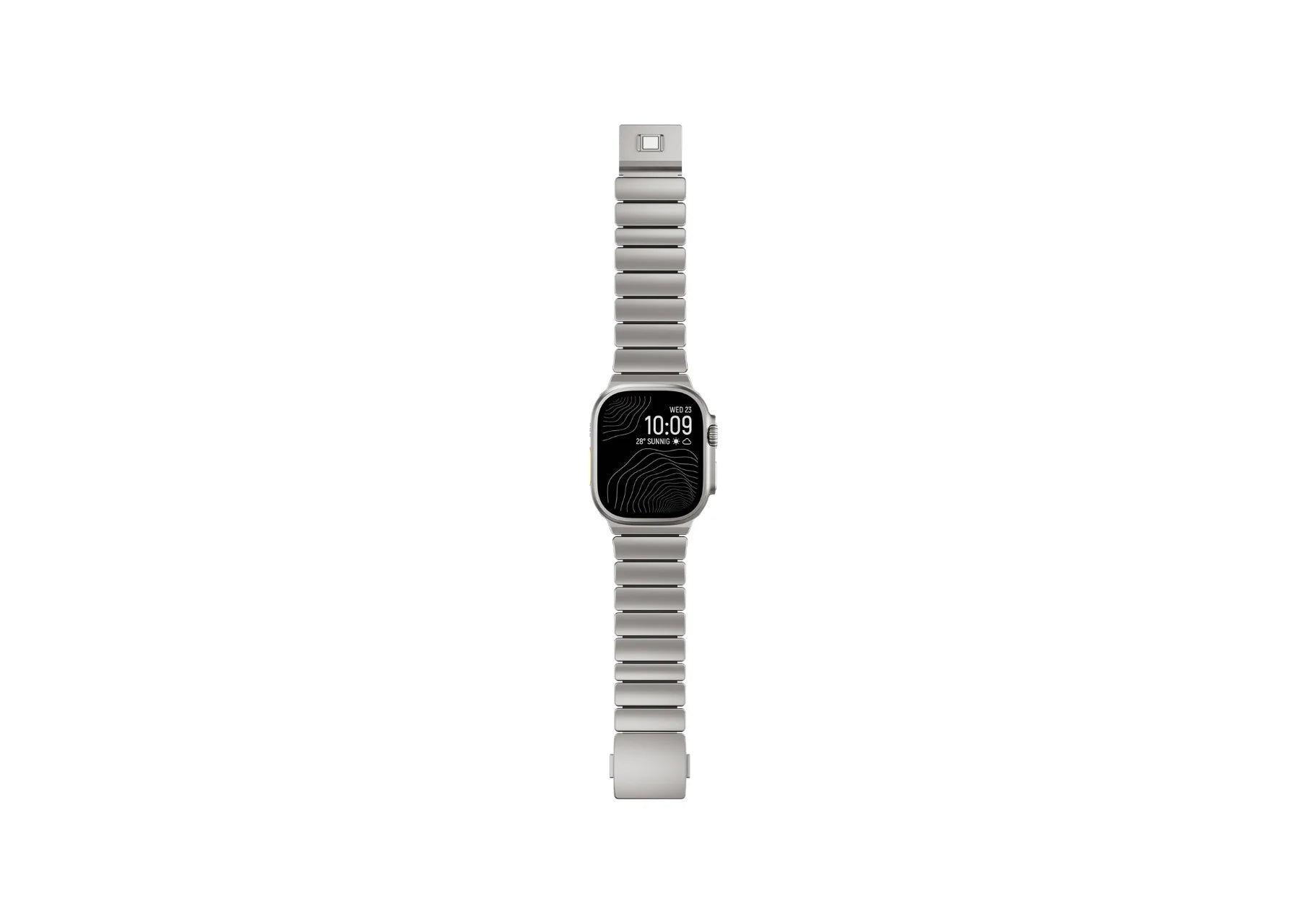 Side angle view of the Silver & Black Titanium Fusion Apple Watch Strap featuring brushed silver titanium links and soft silicone comfort