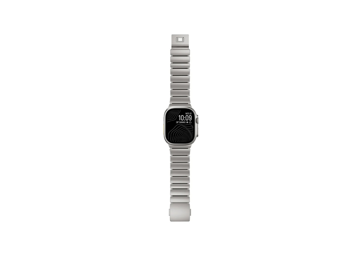 Side angle view of the Silver & Black Titanium Fusion Apple Watch Strap featuring brushed silver titanium links and soft silicone comfort
